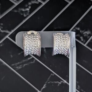 Vintage NJY Clip On Earrings Curved Chunky Silver Tone with Woven Design Large